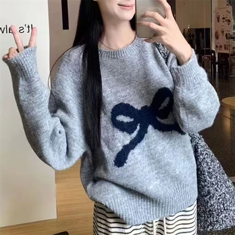 甜美蝴蝶结装饰宽松圆领针织衫可爱淑女风毛衣外套,针织衫/毛衣,萱芳婷羊绒