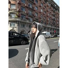 浅灰色短款连帽卫衣男潮流美式重磅大帽子外套空气层廓形开衫夹克，男装T恤，星座506A