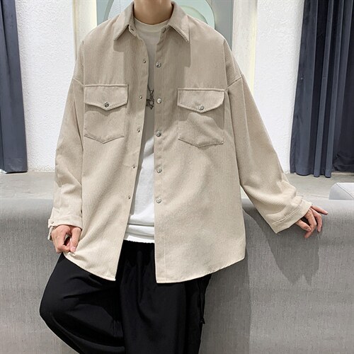 2025春夏新款灯芯绒港风纯色方领长袖休闲衬衫上衣D201-DM76-P45,男装衬衫,电商D321-1