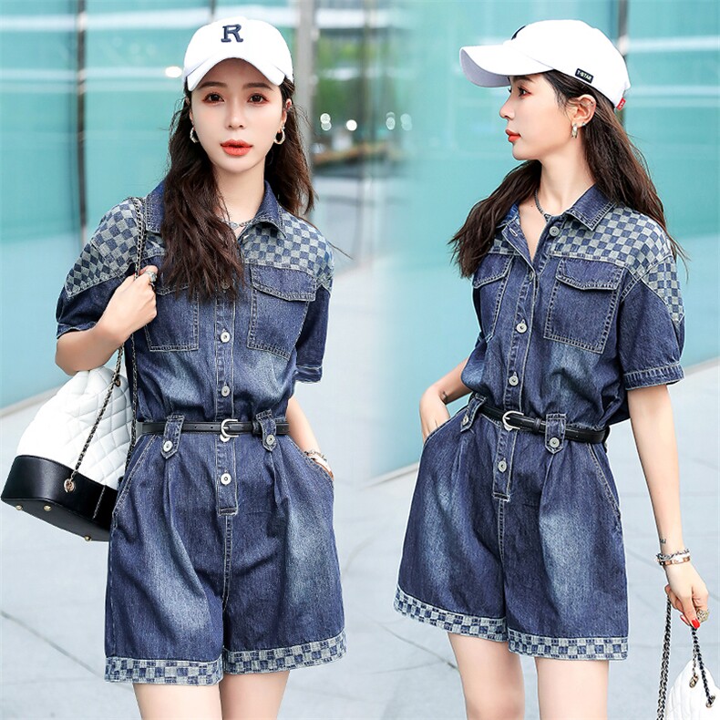 2022时尚新品牛仔格子拼接连体短裤配送腰带，女装连体裤，钱塘布衣