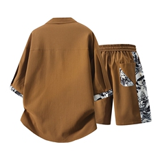 立体新中式竹纹拼接短袖套装夏季风潮牌半袖衬衣A436-T18-P65，男装T恤，电商A436