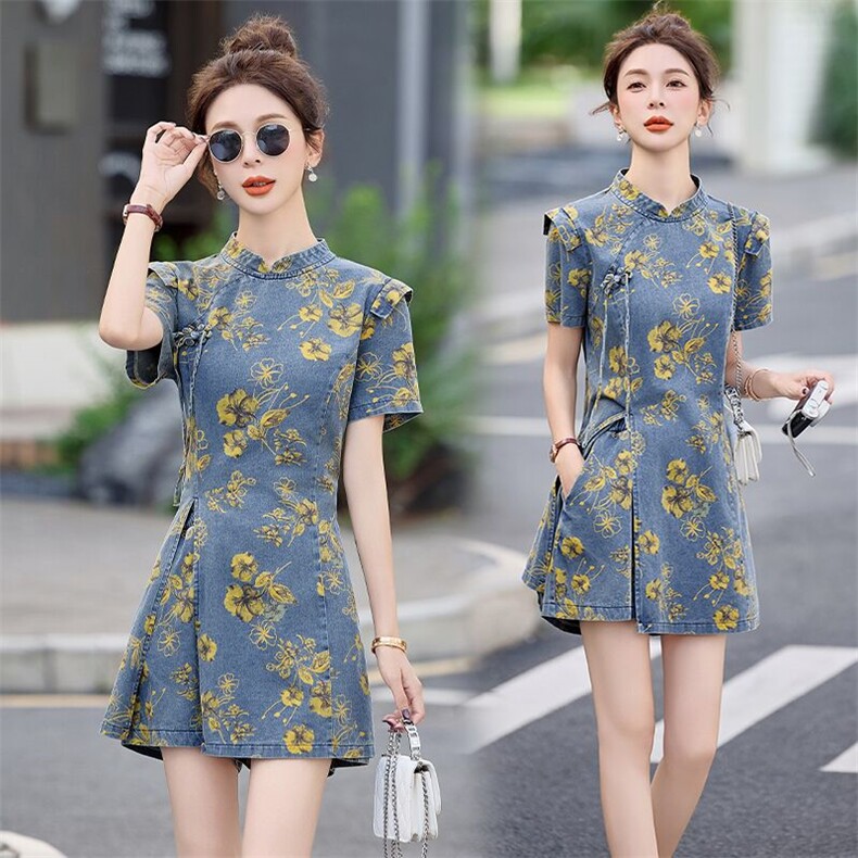 2025夏季新款时尚超好看高级感新中式国风盘扣印花牛仔短裤套装女,女装套装/套裙,依路服饰