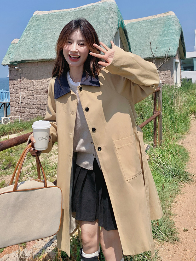 POLO领宽松型宽松风衣中长款纯色春秋英伦风短款百搭气质小个子,女装风衣,蝶眷