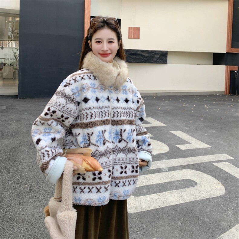 费尔岛风复古提花外套女2025冬新款加厚保暖羊羔绒皮毛一体短外套,女装棉衣/棉服,2C275