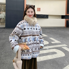 费尔岛风复古提花外套女2025冬新款加厚保暖羊羔绒皮毛一体短外套，女装棉衣/棉服，2C275