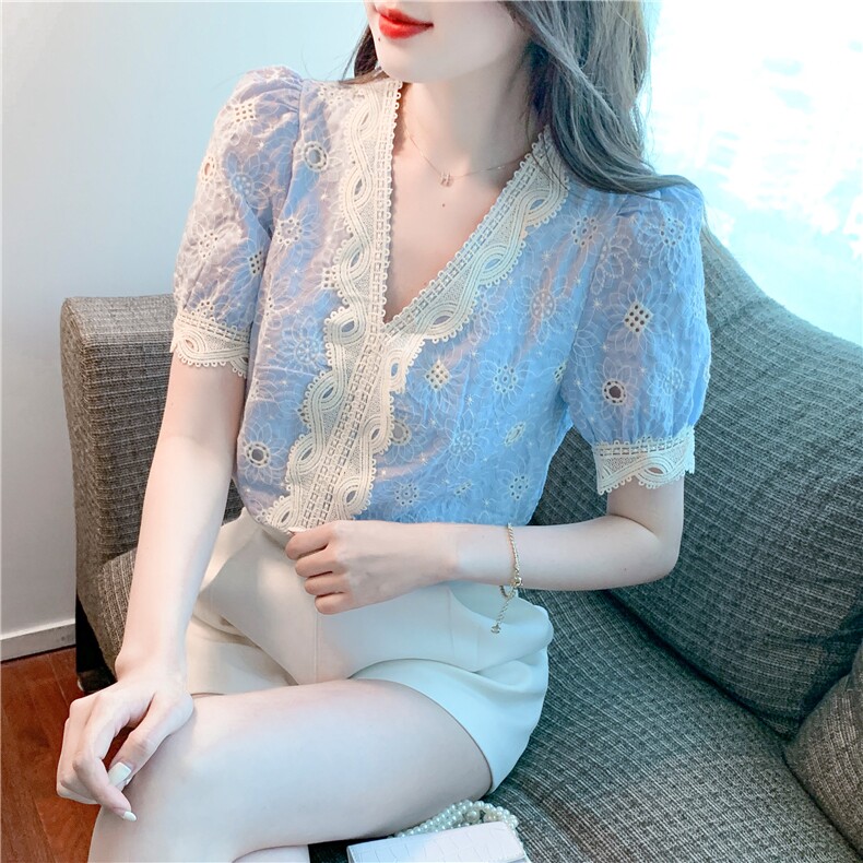 V领气质蕾丝衫洋气衬衫短袖小衫上衣，女装蕾丝衫/雪纺衫，美吧服饰