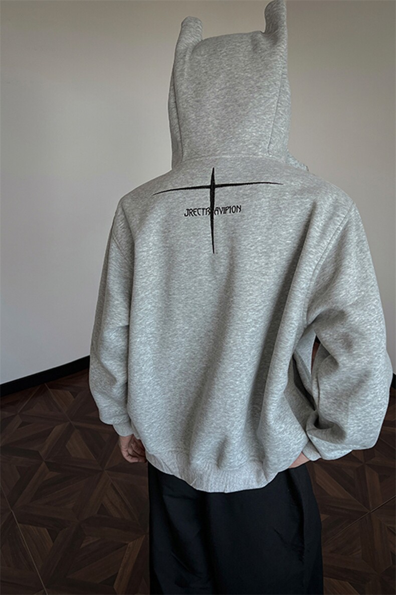 美式街头小恶魔耳朵连帽卫衣男女水洗做旧十字刺绣宽松外套,男装卫衣,电商B371