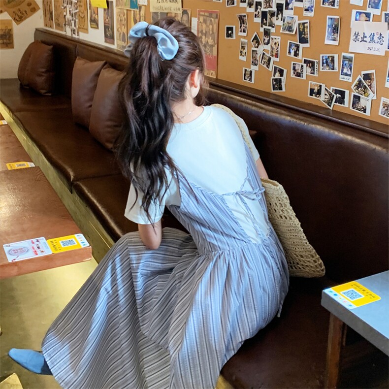 【现货】蓝色条纹露背吊带连衣裙2C158-8651-P115-K168,女装连衣裙,2C158