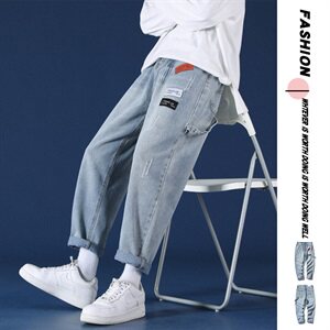 2021春秋季新大码男蒙马特港风刮烂贴布直筒九分裤牛仔裤N8001-P45图片