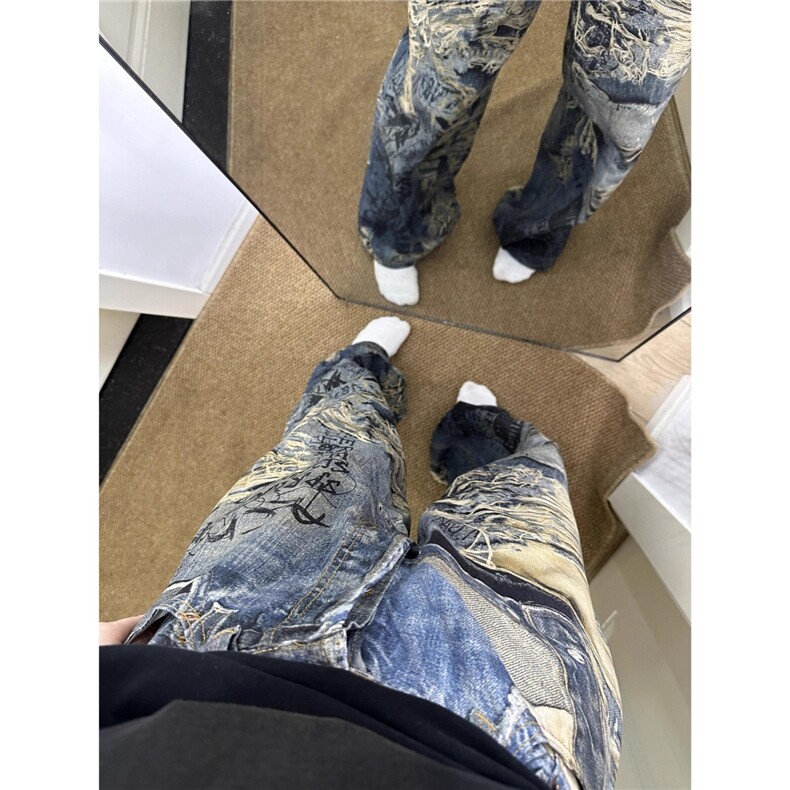 3D数码印花糜烂破洞裤阔腿Baggy牛仔裤男女同款,男装牛仔裤,星座1210-1