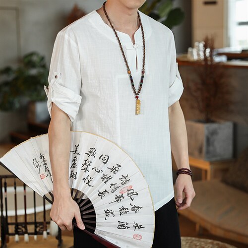 风夏盘扣宽松短袖纯色休闲T恤汉服大码七分袖上衣男 M139 P40图片