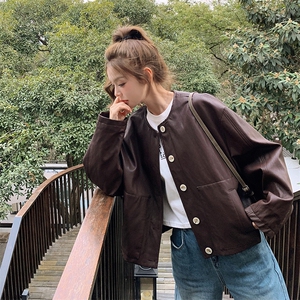 咖色复古短款皮衣外套女2025春季新款小个子炸街又酷又飒机车夹克图片