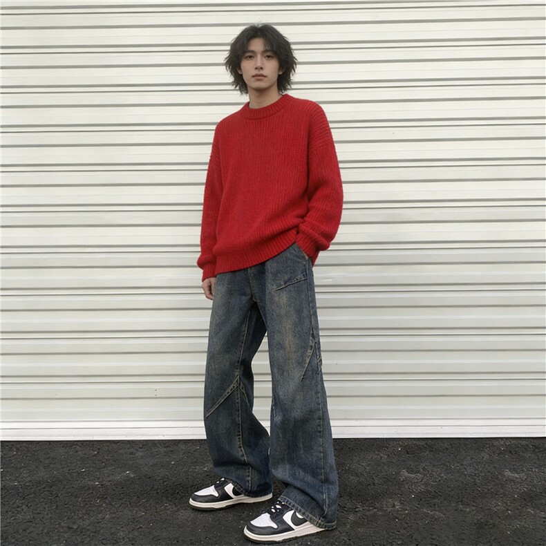 牛仔裤男冬美式cleanfit宽松阔腿裤子高街褶皱设计感长裤YZ99-P50,男装牛仔裤,星座509