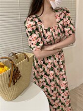 夏季花色连衣裙，女装连衣裙，唇蔻