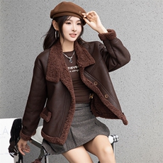 现货皮毛一体仿羊羔毛外套女短款2024秋冬新款加绒加厚外套，女装羊羔毛/颗粒绒，江南女神