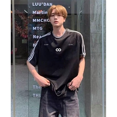 抖音得物高品质二开240克宽松纯棉美式潮牌三条杠织带短袖T恤，男装T恤，电商A486-1