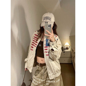 W10544-P73 网图现货 美式复古旗帜印花短款开衫夹克外套 高品质图片