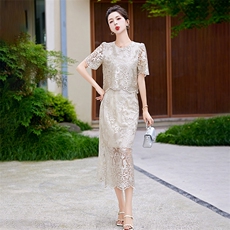 新中式套装裙女夏2024新款印花两件套开衩半身裙改良旗袍裙子，女装套装/套裙，拾衣