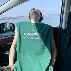 得物抖音品质240克宽松纯棉美式扎染做旧工艺坎肩背心印花无袖T恤，男装T恤，电商A486