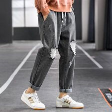 秋季牛仔裤男直筒宽松阔腿休闲长裤潮牌破洞九分裤子903-P45，男装牛仔裤，电商A318