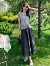 针织网纱半身裙女2026年夏季新款温柔慵懒风小个子韩版短袖两件套，女装套装/套裙，拾衣