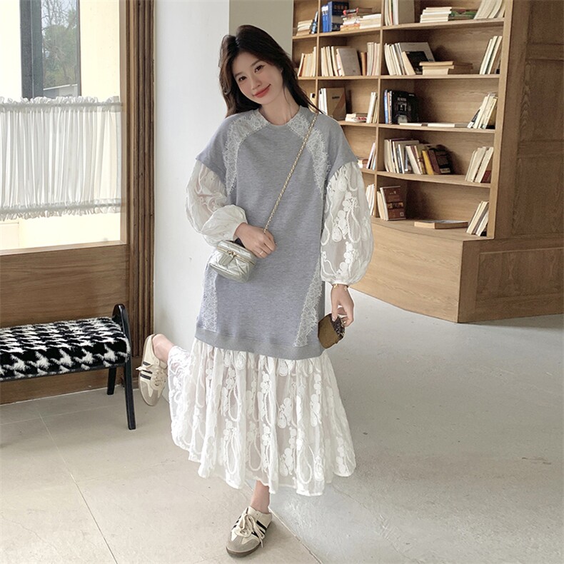 灰色漂亮蕾丝拼接长袖连衣裙女2025初春新款浪漫风穿搭圆领长裙图片
