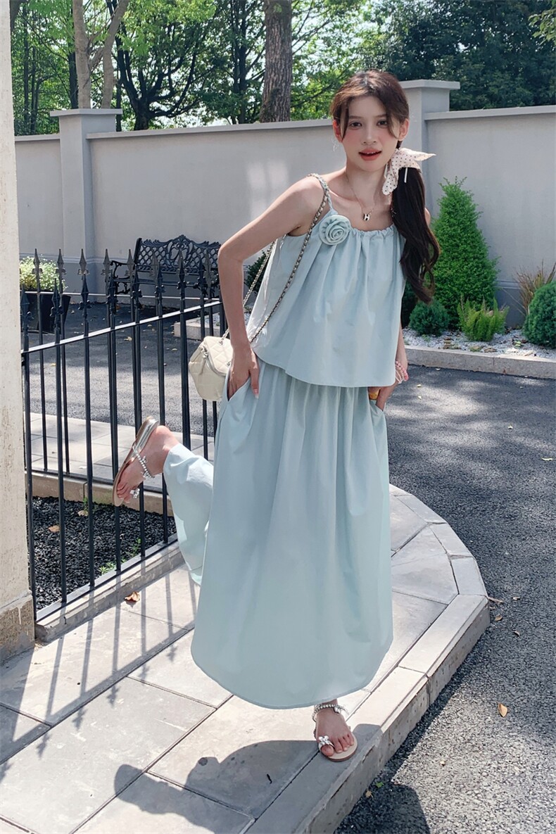 法式超好看减龄套装裙女2025夏季新款花朵背心吊带半身长裙两件套,女装套装/套裙,2C133