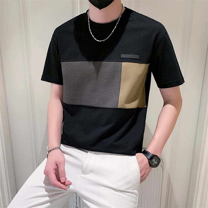 2025新款夏季短袖T恤男拼接潮牌半袖男装体恤A313-1-88227-P48,男装T恤,电商A313-1