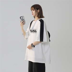 2025夏季新款创意字母印花休闲拼接港风T恤T1025/P35控49-棉图片