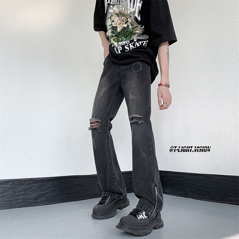 B221美式ins高街暗黑小众微喇叭破洞牛仔裤LK23076-P65控88,男装牛仔裤,电商B221