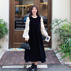 黑色假两件拼接丝绒连衣裙女2025春季新款法式超好看气质甜美长裙，女装连衣裙，2C108