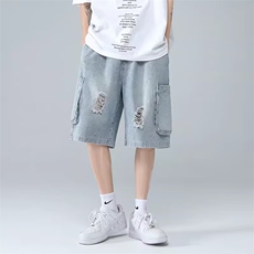 破洞牛仔短裤男潮牌宽松百搭工装裤夏季休闲港风五分裤DA30-P35，男装牛仔裤，星座208-5