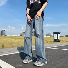 美式复古高街破洞水洗牛仔裤男女潮宽松直筒裤N0983-P48，男装牛仔裤，星座308B-1