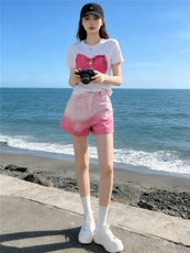 简约个性休闲时尚套装女夏新款刺绣蝴蝶结上衣粉色牛仔短裤两件套，女装套装/套裙，江南