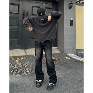 美式ins高街hiphop重工艺水洗微喇复古蓝牛仔裤货号K2320-1P55图片