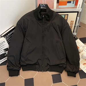 黑色短款羽绒服男款秋冬季美式痞帅高级感棉衣外套廓形立领面包服图片