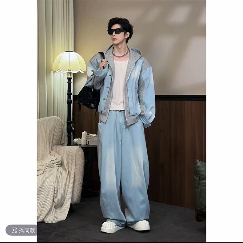 2026春款潮流牛仔拼接连帽夹克套装男W366-P153K366-P92(网图），男装夹克，电商B267