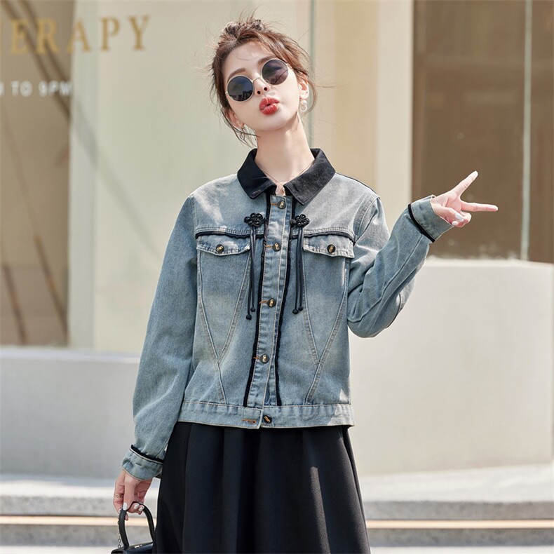 大码女装胖mm新中式盘扣牛仔外套2025春新款复古显瘦短款上衣,女装短外套,江忆布依