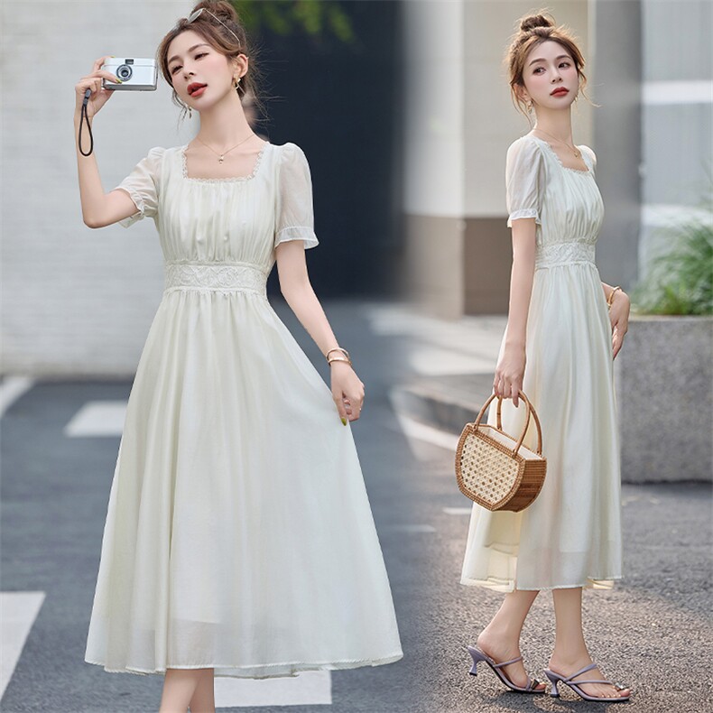 2025夏季新款蕾丝花边拼接显瘦连衣裙,女装连衣裙,1C078