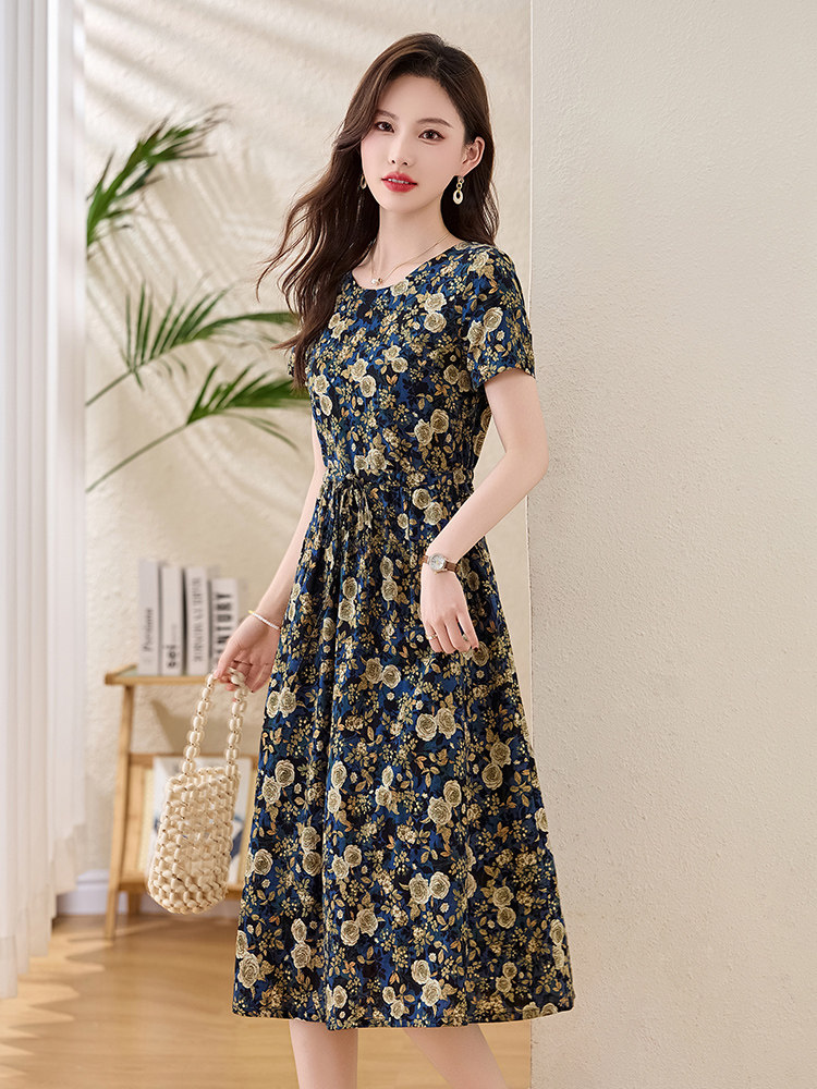 复古印花短袖棉布连衣裙女夏季2025新款时尚气质收腰显瘦碎花裙子,女装连衣裙,姿衣坊