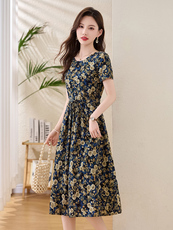 复古印花短袖棉布连衣裙女夏季2025新款时尚气质收腰显瘦碎花裙子，女装连衣裙，姿衣坊