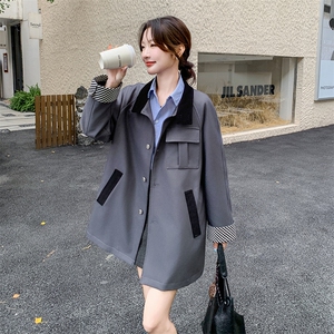 英伦风拼接立领风衣外套女2025秋季新款高级感宽松时尚单排扣上衣图片