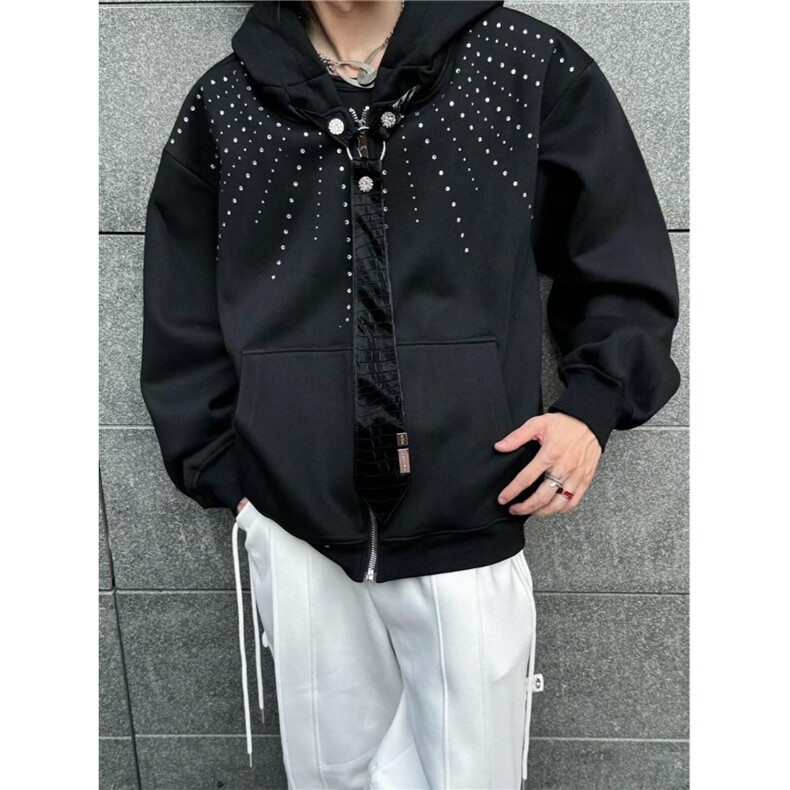 小众烫钻领带设计连帽卫衣重磅细闪宽松慵懒外套1001-1-HJ113-P70,女装短外套,星座1001-1