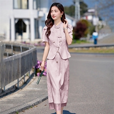 新中式国风套装女2025夏新款显瘦洋气漂亮盘扣半裙两件套裙HR86，女装套装/套裙，火爆靓佳人