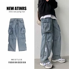 秋季工装牛仔长裤男潮牌宽松直筒裤子休闲坠感阔腿拖地裤NT14-P45,男装牛仔裤,星座1008-1