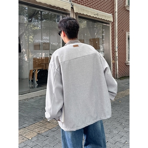秋季新款格子拼接假两件夹克外套潮流宽松休闲工装外套图片