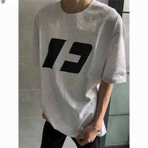 夏季宽松纯棉字母印花圆领纯色短袖T恤新款美式潮牌情侣半袖图片