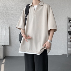8XL-M假两件V领短袖t恤男夏翻领半袖宽松重磅华夫格大码DT001P40，男装T恤，电商B312