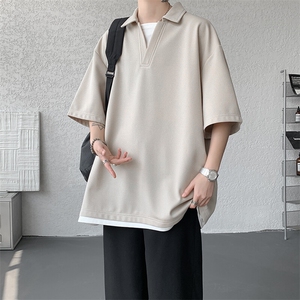 8XL-M假两件V领短袖t恤男夏翻领半袖宽松重磅华夫格大码DT001P40图片
