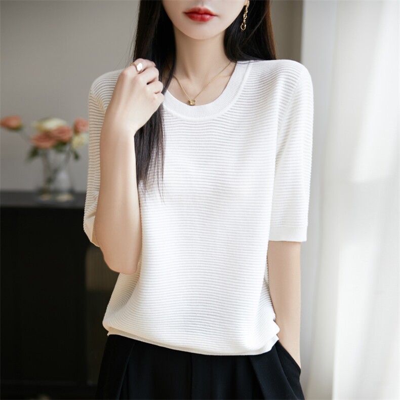精纺蚕丝羊毛针织衫女圆领套头短袖T恤上衣打底简约百搭图片
